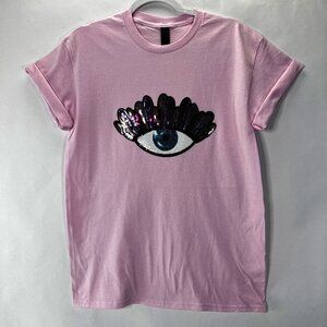 Lux Sequins Evil Eye Pink T-Shirt 100% Cotton Women's Size M